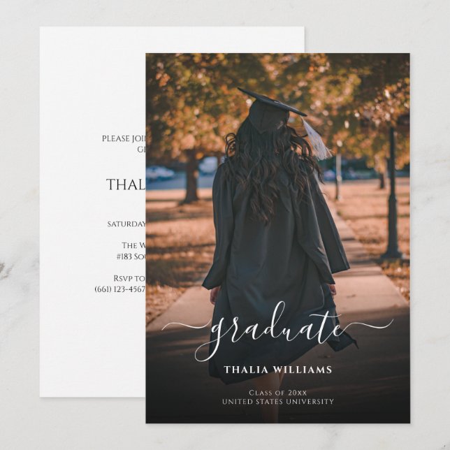 Simple Modern Black and White Photo Graduation Invitation (Front/Back)