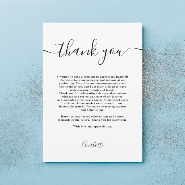 Simple modern Black and white script graduation Thank You Card (Simple modern Black and white script graduation Thank You Card)