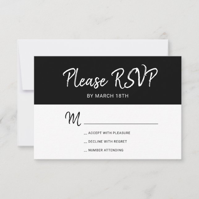 Simple modern black and white typography wedding RSVP card (Front)