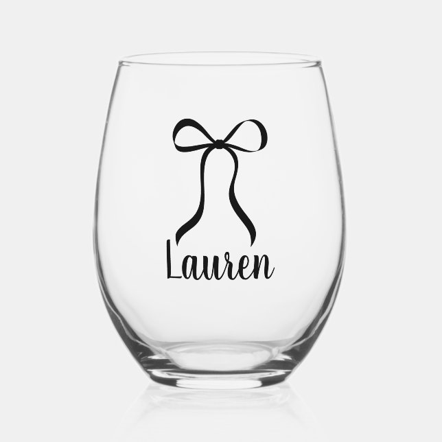 Simple Modern Black Bow Bridesmaid Proposal Stemless Wine Glass (Front)