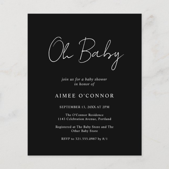 Simple Modern Black Budget Baby Shower Invitation (Front)