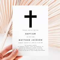 Simple Modern Black Cross Typography Baptism Invit