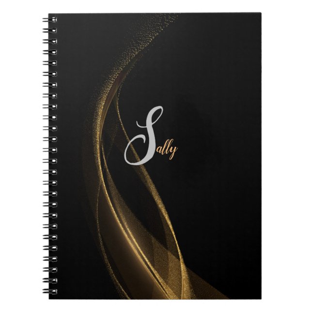 Simple Modern Black & Gold Monogram Script Name Notebook (Front)