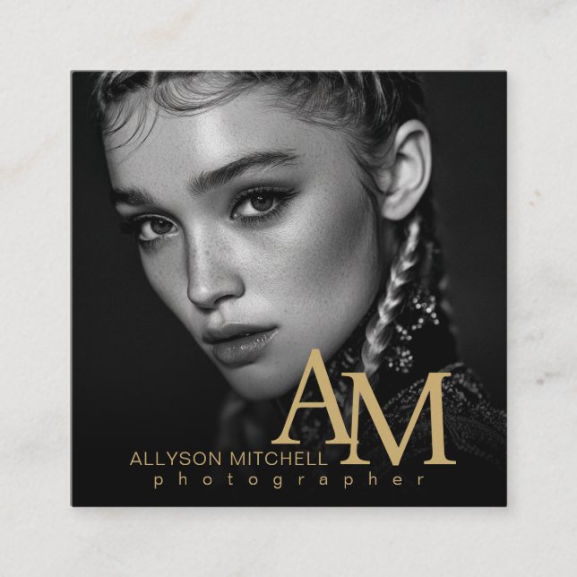 Simple Modern Black Gold Photo QR Photography Square Business Card (Front)