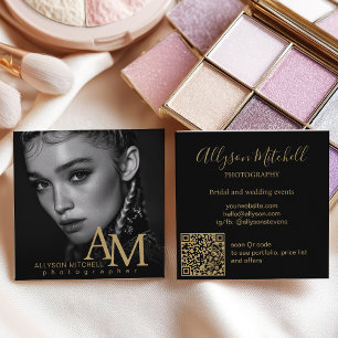 Simple Modern Black Gold Photo QR Photography Square Business Card