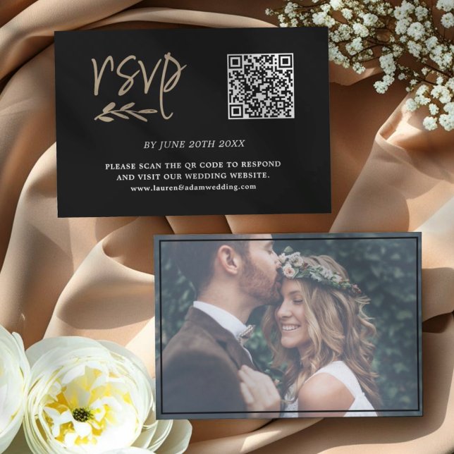 Simple Modern Black & Gold QR Code RSVP  Card (Creator Uploaded)