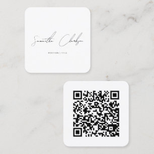 Simple Modern Black Handwritten Script & QR Code Square Business Card