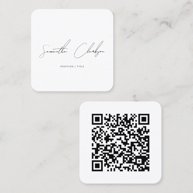 Simple Modern Black Handwritten Script & QR Code Square Business Card (Front/Back)
