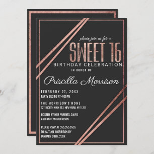 Simple Modern Black Rose Gold Chic Linear Sweet 16 Invitation