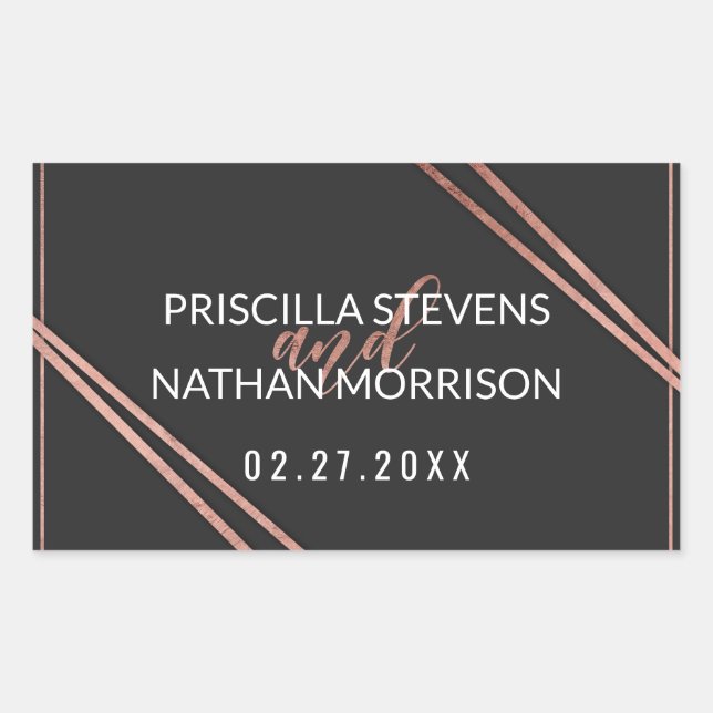 Simple Modern Black Rose Gold Chic Linear Wedding Rectangular Sticker (Front)