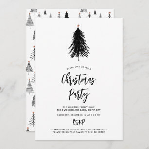 Simple Modern Black White Christmas Tree Party Invitation