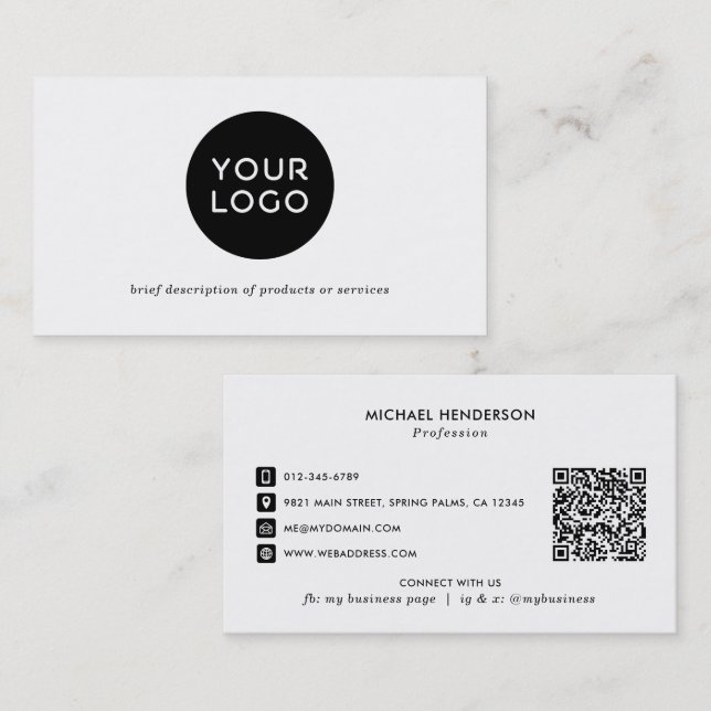 Simple Modern Black & White Custom Logo & QR Code Business Card (Front/Back)