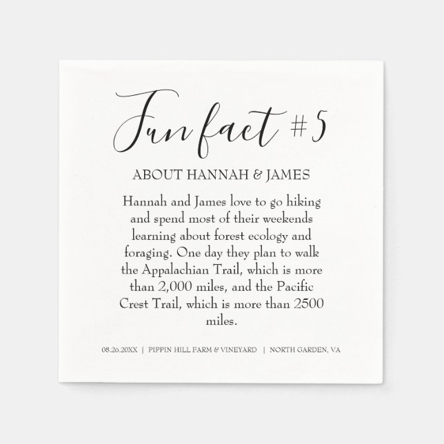 Simple Modern Black White Fun Fact 5 Wedding Napkin (Front)