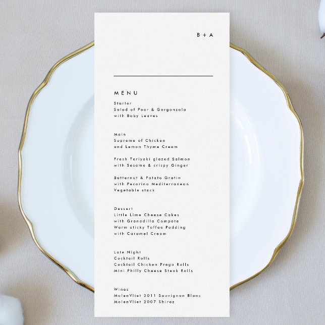 Simple Modern Black White Monogram Wedding Menu (Creator Uploaded)