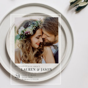 Simple Modern Black & White Photo Wedding Acrylic Invitations