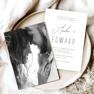 Simple Modern Black White Photo Wedding Invitation