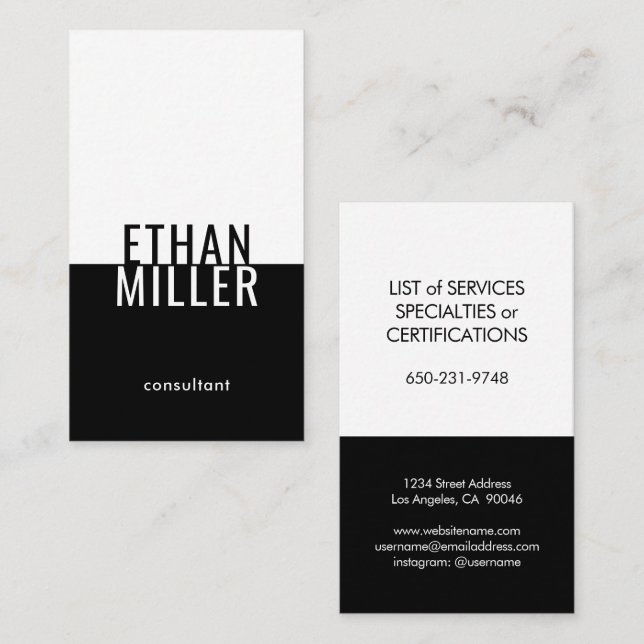 Simple Modern Black White Vertical Plain Minimal Business Card (Front/Back)