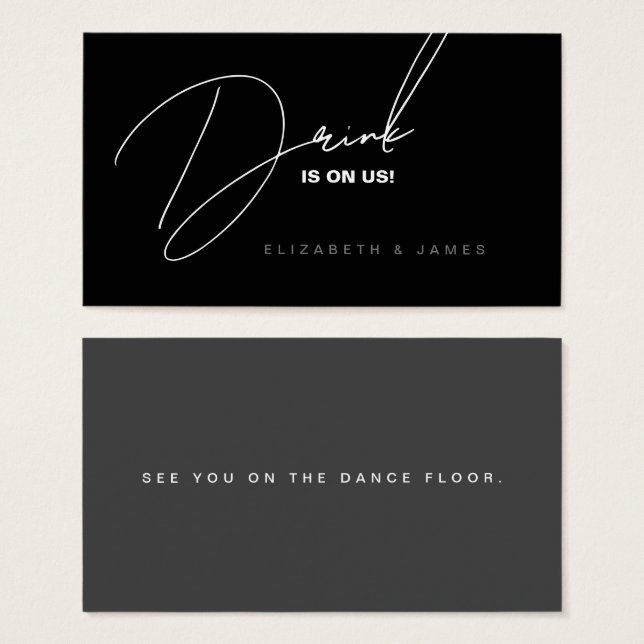 Simple Modern Black & White Wedding Drink Ticket (Front & Back)