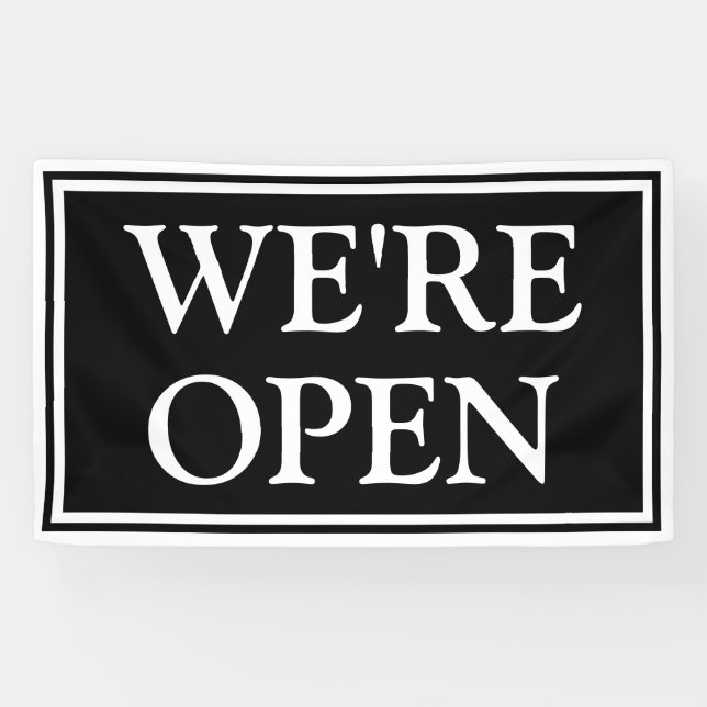 Simple Modern Black White We're Open Business Banner (Horizontal)
