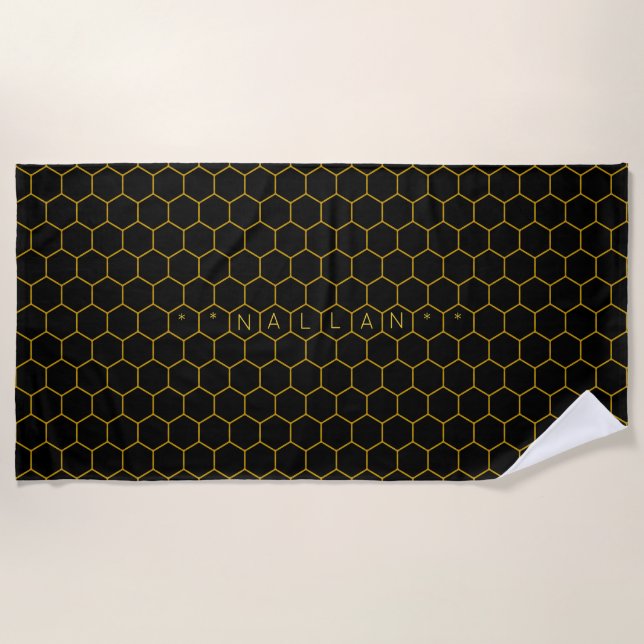 Simple & Modern black yellow honeycomb Custom Name Beach Towel (Front)