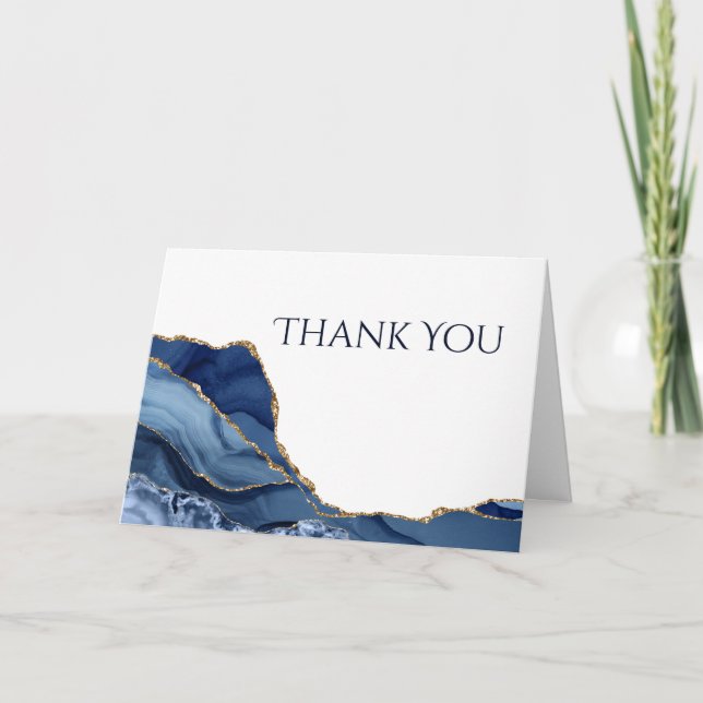 Simple Modern Blue and Gold Agate Thank You Card (Front)