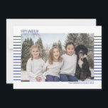 Simple & Modern Blue and White Striped Hanukkah Holiday Card<br><div class="desc">Stylish and cute photo cards are perfect for all your friends and family this holiday season. Customise the text "happy hanukkah" with your own greet and change the family name and the year and swap out the picture for a photo of your kids, pet, or the whole family. The design...</div>