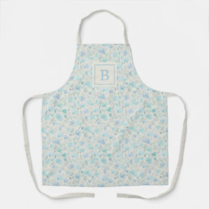 Simple Modern Blue Floral Monogram Cute Apron