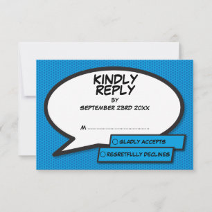 Simple Modern Blue Fun Comic Book Wedding RSVP Card