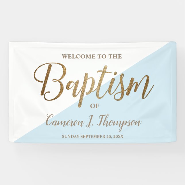 Simple Modern Blue Gold Calligraphy baby Baptism Banner (Horizontal)