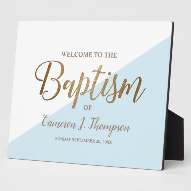 Simple Modern Blue Gold Calligraphy baby Baptism Plaque (Side)