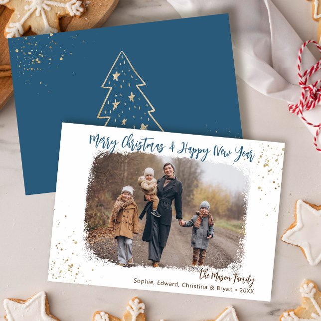 Simple Modern Blue Gold Glitter Christmas Photo Holiday Card (Creator Uploaded)