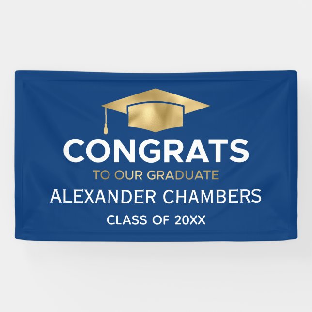 Simple Modern Blue Gold Graduation Banner (Horizontal)