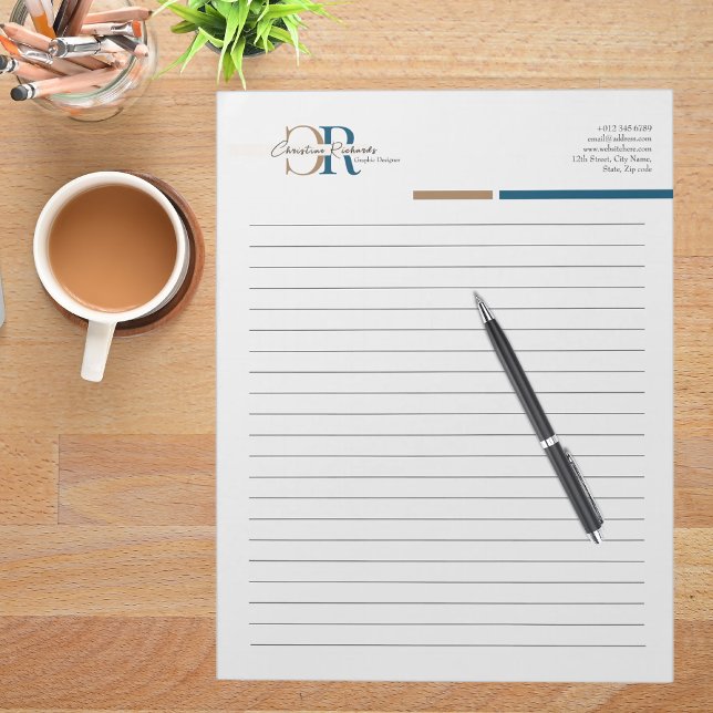Simple Modern Blue Gold Monogram Lined Business Notepad (Creator Uploaded)