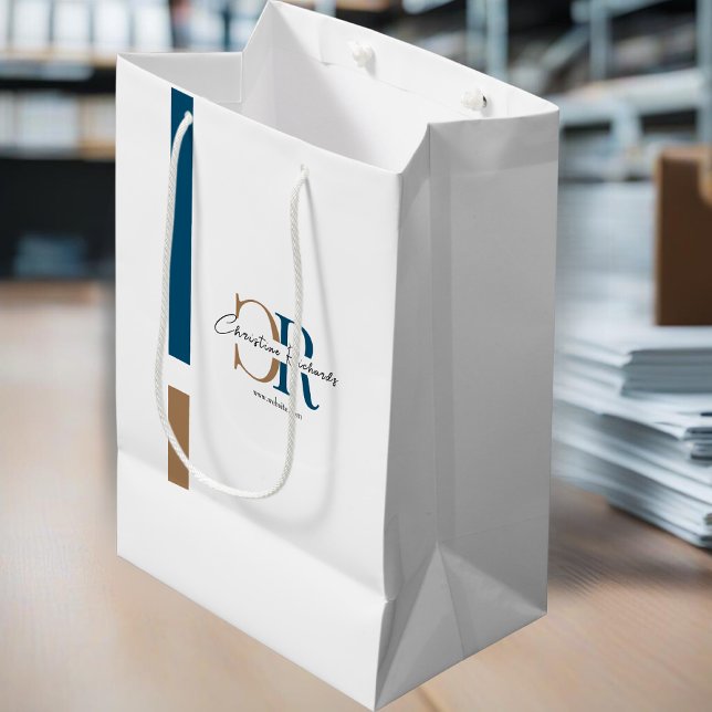 Simple Modern Blue Gold Monogram Medium Gift Bag (Creator Uploaded)