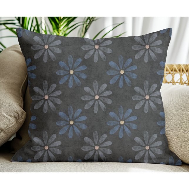 Simple Modern Blue Grey Flower pattern Black  Cushion (Creator Uploaded)