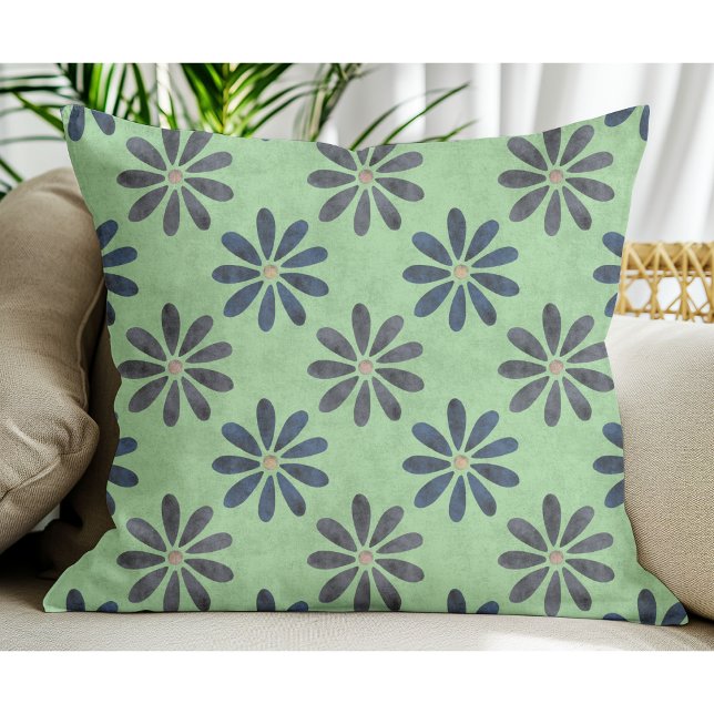 Simple Modern Blue Grey Flower pattern Sage Green Cushion (Creator Uploaded)