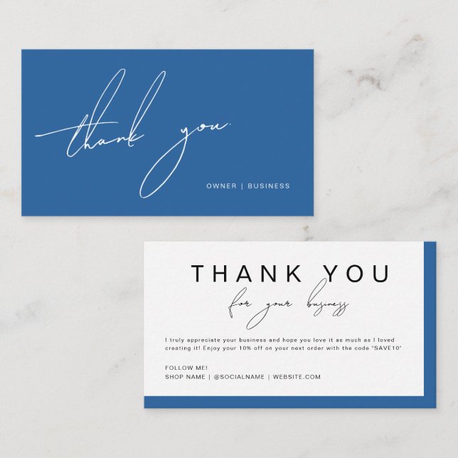 Simple Modern Blue Handwritten Script Thank You Business Card (Front/Back)