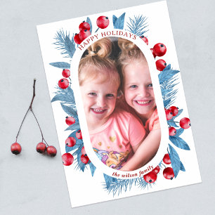 Simple Modern Blue Holly Berries Photo Holiday Postcard