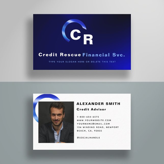 Simple Modern Blue Logo Credit Professional Photo Business Card (finance business card financial services wealth management credit advisor modern simple classy blue)