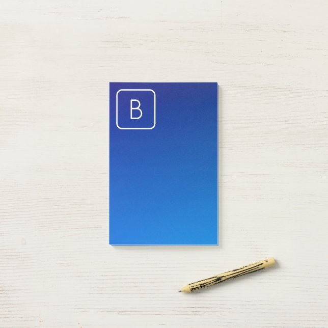 Simple Modern Blue Ombre Gradient & Monogram Post-it Notes (On Desk)