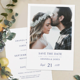 Simple Modern Blue Photo Wedding Save the Date Invitation