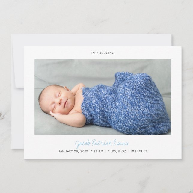 Simple Modern Blue Script Photo New Baby Boy Birth Announcement (Front)