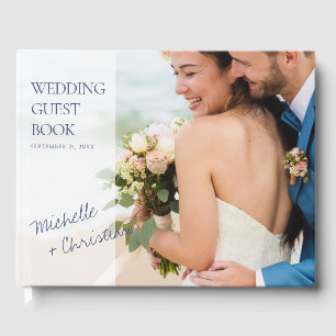 Simple Modern Blue Text Photo Wedding Guest Book