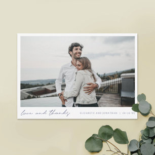 Simple Modern Blue Typography Photo Wedding Thank You Card