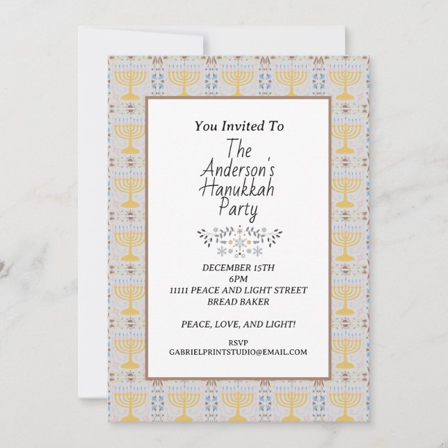 Simple Modern Blue yellow Menorah Hanukkah Party Invitation (Front)