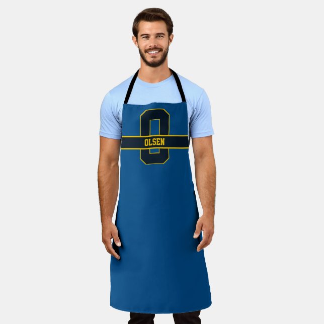 Simple Modern Blue Yellow Personalised Monogram Apron (Worn)