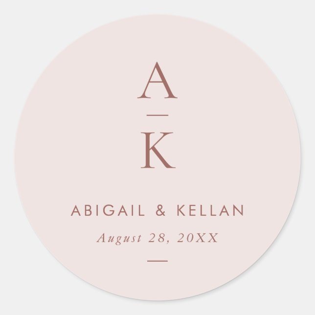 Simple Modern Blush Brown Monogram Wedding Classic Round Sticker (Front)