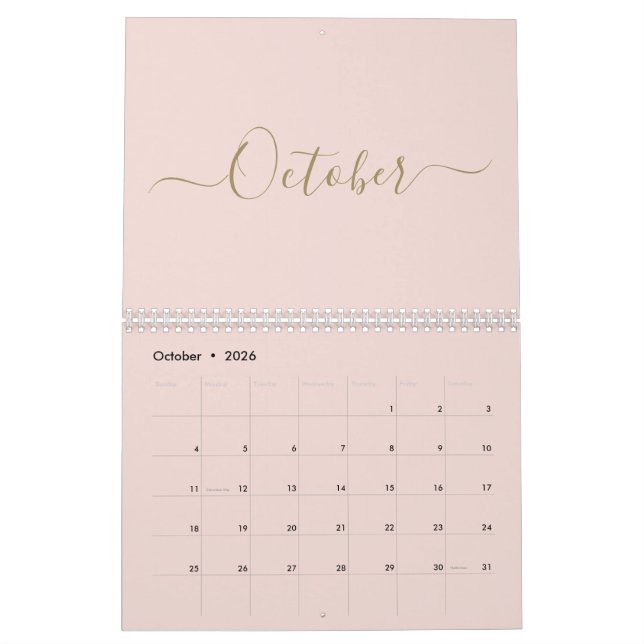 Simple modern blush pink gold script month custom calendar (Oct 2026)