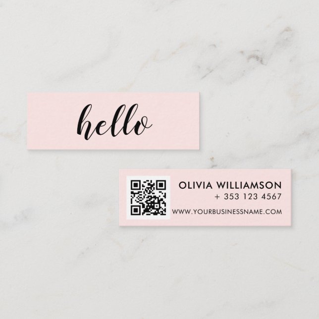 Simple Modern Blush Pink Hello QR Code Mini Business Card (Front/Back)