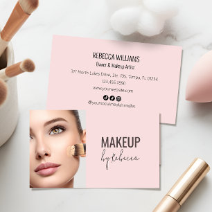Simple Modern Blush Pink Photo Social Icons Makeup Business Card